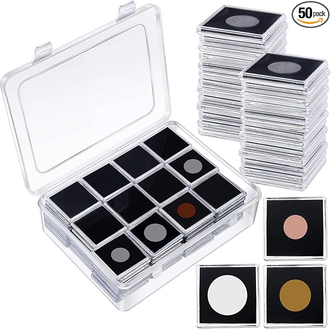 Vicenpal 50 Pcs Silver Dollar Coin Holder Clear Coin Capsules with Foam Gasket Acrylic Organizer Morgan Dollar Collection Case Display Box Plastic Storage Protectors 20/25/30/35/40mm