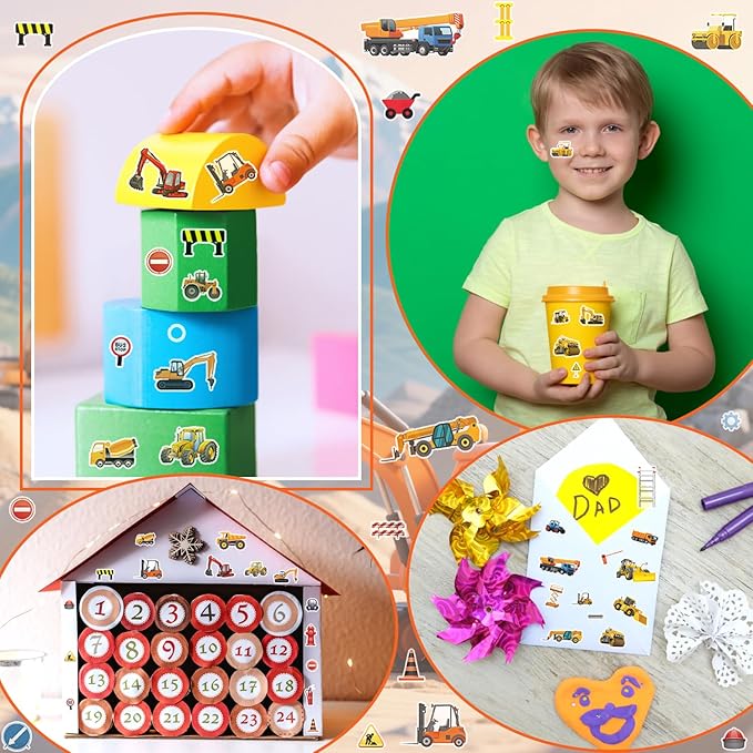 36 Sheets 3D Construction Stickers for Kids (900+), Bulk Puffy Truck Stickers - Excavator, Bulldozer, Crane with Safety Signs & Tools for Boys Crafts, Rewards