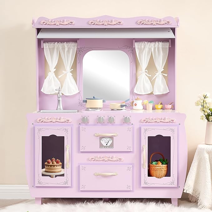 Kids Kitchen playset，Wooden Play Kitchen with Realistic Design，Kids Play Kitchen with Plenty of Play Features，Fine Gift for Ages 3+,Purple
