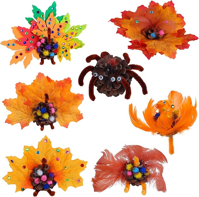 Tugaizi Thanksgiving Pinecone Turkey Craft Kit for Kids, 20 Sets Fall Autumn Turkey DIY Art and Craft Kit for Classroom Project Supplies Thankful Dinner Activity and Table Centerpiece Decorations