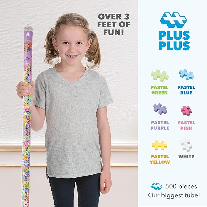 Plus Plus 500 Piece Super Tube, Interlocking Building Block 3D Puzzle Kit, Kids Stem Connecting Toys - Pastel Color Mix