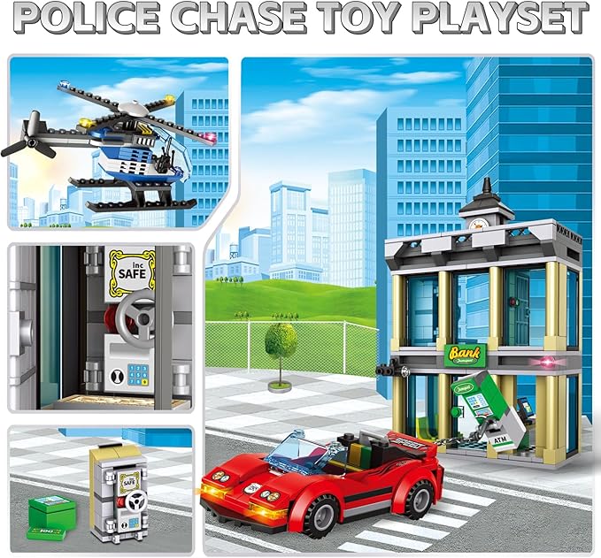 City Police Bank Building Sets, Compatible with Lego Police Bank, Includes Car, Bank, Helicopter, Police Chase Building Blocks Toy Set Gift for Kids 6 Plus Years Old（655 PCS）