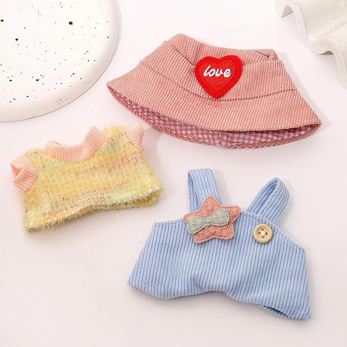 17cm Doll Clothes | Fashion Kawaii Chic Style Set for Dolls | 3-Piece Outfit with Colorful T-Shirt, Star Blue Romper & Pink Heart Hat (NO Doll)