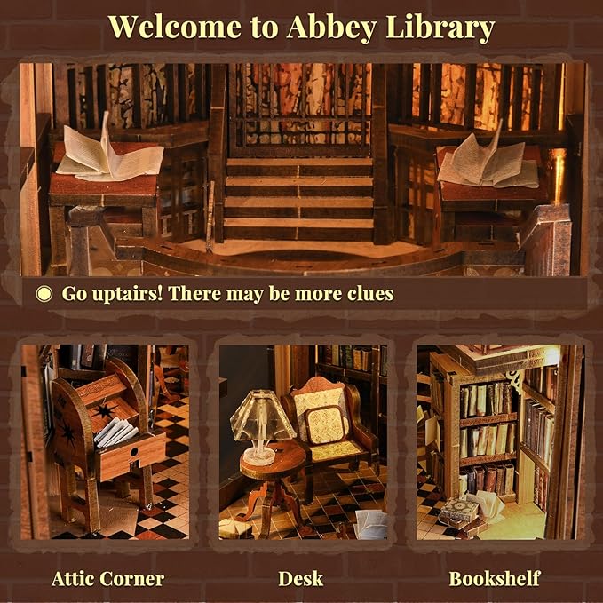 Book Nook Kit, DIY Miniature Dollhouse Booknook Kit, 3D Wooden Puzzle Bookend Bookshelf Insert Decor with LED Light for Teens and Adults (Abbey Library)