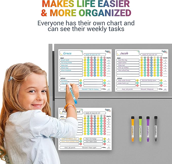 Magnetic Chore Charts for Multiple Kids & Adults - 3Pcs Chore Boards with 5 Fine Tip Dry Erase Markers - Behavior Charts - Responsibility & Reward Charts for Family Organization on Your Refrigerator
