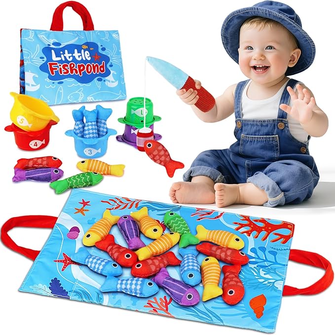 Montessori Toys for 1 Year Old Boy Girl - Toddler Toys Cloth Fishing Game with Stacking Cups - Sorting Learning Baby Toy 12-18 Months One Year Old Boys Girls First Birthday Gifts for 1 2 Year Old