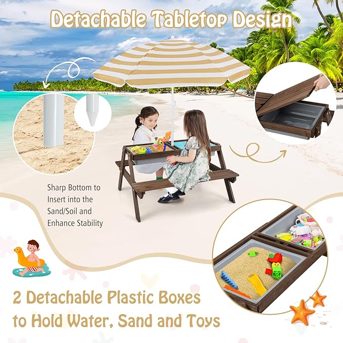 HONEY JOY Kids Picnic Table, 4 in 1 Cedar Wooden Sand & Water Table w/ 3 Removable Box & Umbrella, Kids Picnic Tables for Outdoors Backyard Garden, Toddler Patio Furniture Set for Boys Girls(Walnut)