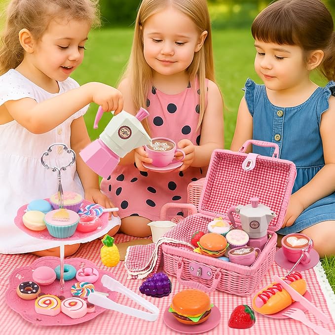 Pink Pretend Afternoon Tea Party Set with Storage Basket, Play Food & Accessories for Girls, Tea Party Set for Toddlers Indoor Outdoor Pretend Play, Kids Picnic Basket Toy Gift for Ages 3-8