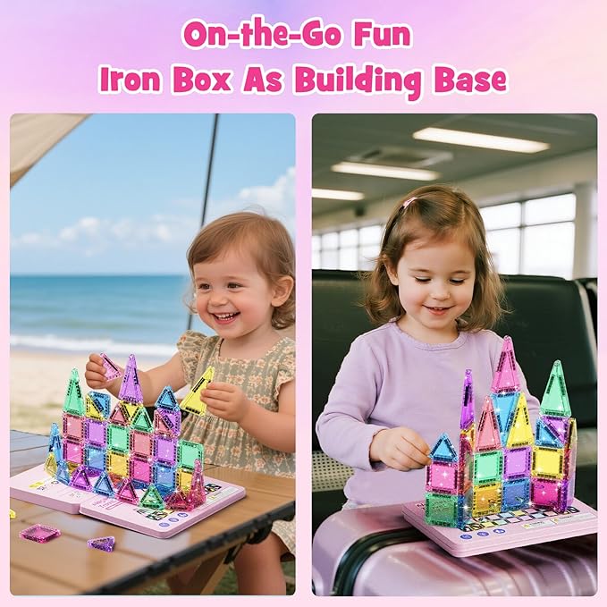 42-Piece Glitter Magnetic Tiles Travel Set with Pink Metal Box - Portable STEM Building Blocks for Kids Ages 3-8 Boys & Girls STEM Montessori Educational Toys for Airplane Car Rides