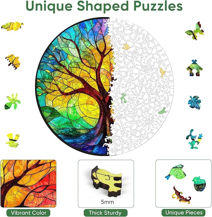 Ruikiyart Wooden Puzzles for Adults, 5MM 200 Pieces Colorful Tree Wooden Jigsaw Puzzles, Tree Puzzle Unique Shaped for Adults and Kids on Birthday, Thanksgiving, Family Puzzle Games (11.2"*11.2")