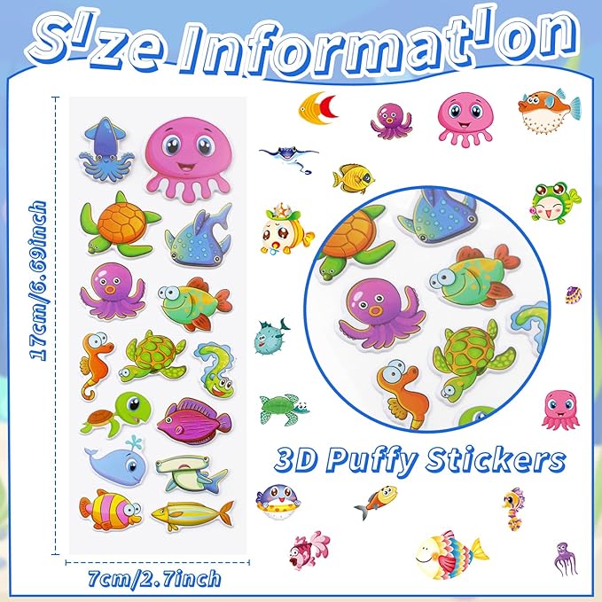 36 Sheets Underwater Stickers for Kids - 900+ 3D Puffy Sea Animal Stickers | Fish, Dolphin, Shark, Octopus, Turtle | Reusable, Waterproof | Crafts, Scrapbooking, Party Favors