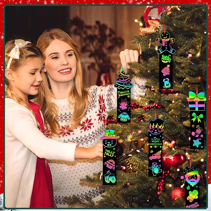 AUGSUN 96Pcs Christmas Scratch Bookmarks, Cute Tree Santa Snowman DIY Crafts Kit Rainbow Magic Scratch Paper Art for Xmas Hanging Ornaments Party Favors