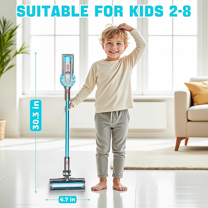 4-in-1 Kids Toy Vacuum That Works with Suction, Electric Toddler Toy Vacuum Cleaner for Children Ages 3 4 5 6+ Boys & Girls,Toddlers Toys Cleaning Set for Pretend Play (Cyan)