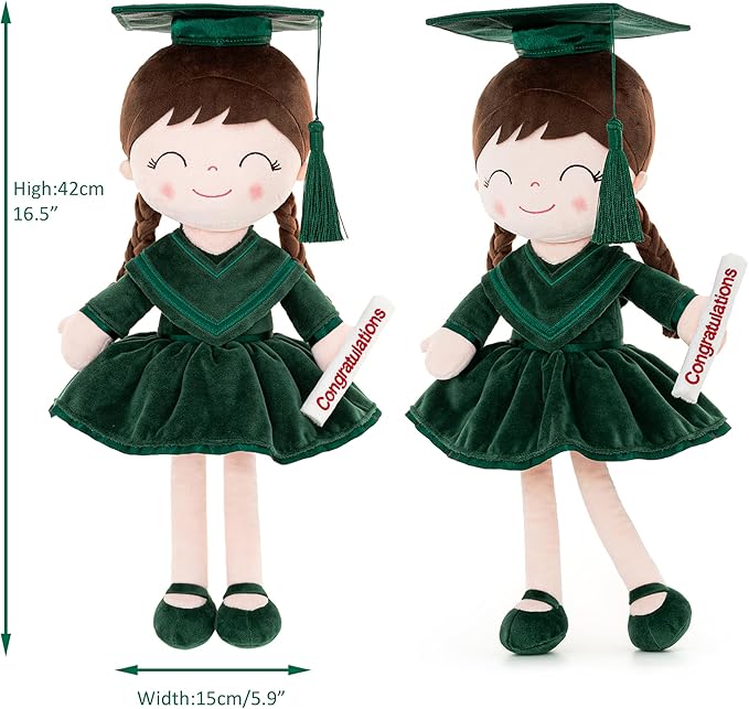 Gloveleya Baby Girl Gifts Graduation Plush Girls Dolls Congratulation Gift for Kindergarten Dark Green 16 inch