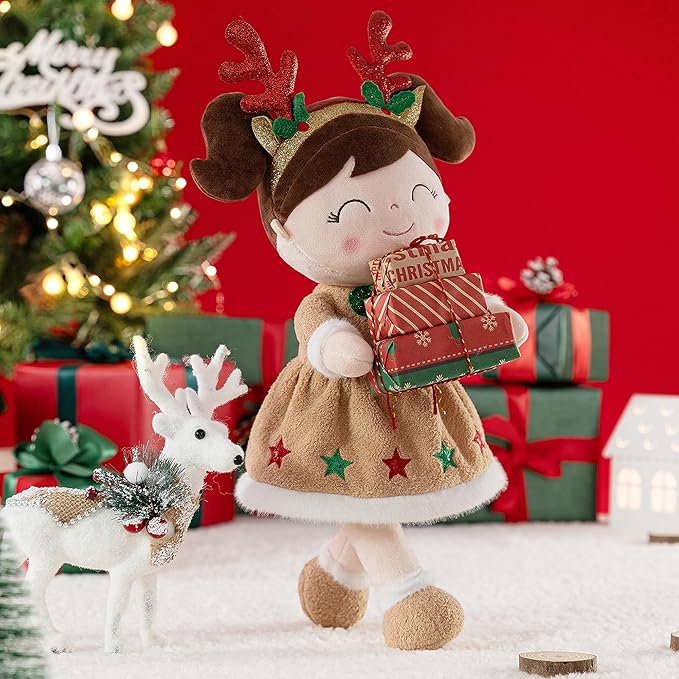 Gloveleya Christmas Reindeer Girl Plush Doll – 16" Soft Stuffed Animal Holiday Toy with Antlers, Gift Box & Card, Xmas Present for Toddler Girls, Baby Shower & Birthday Gift