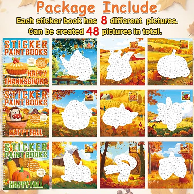 6PCS Thanksgiving Paint by Sticker Books Crafts for Kids Ages 4-8 Fall Activity Books with Turkey Pumpkin 48 Pictures