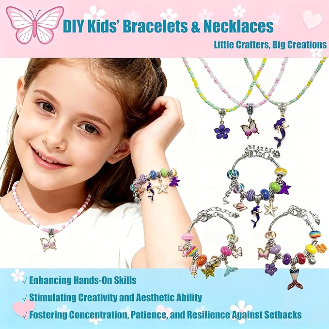 GO2HEJING Charm Bracelet Making Kit for Girls, Jewelry Making Kit for Girls 8-12, Ear Cuff/Necklace Craft Kit, Cute Face Temporary Tattoos for Kids, Mermaid Toys for Teenage Birthday Gift (Ocean)