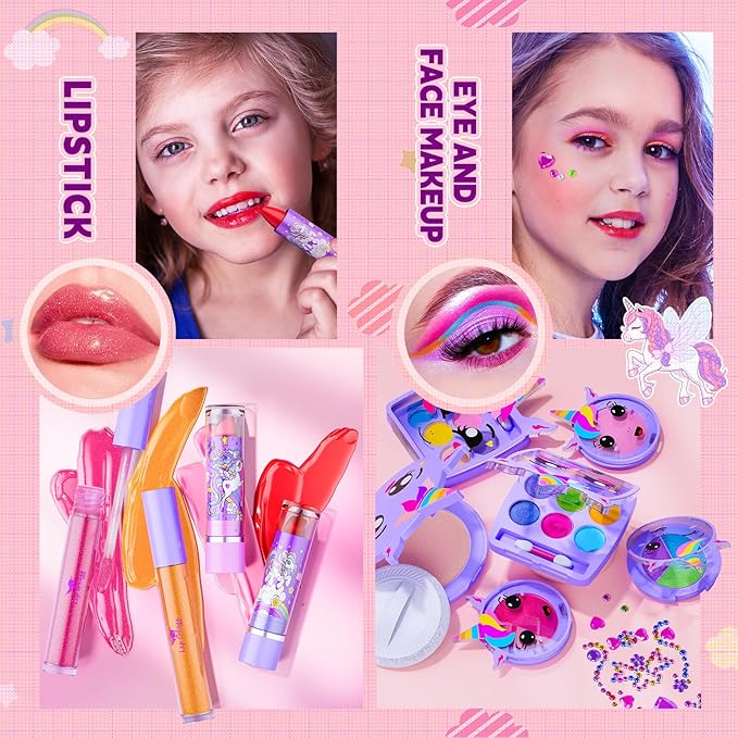 Kids Makeup Kit for Girl - Girls Makeup Kit Toys with Flying Horse Storage Case, Kids Play Makeup Set for Christmas Birthday Gift 3-12 Years Old