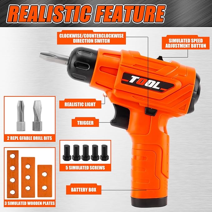 Toy Drill Set for Toddlers 1-3，Electric Power Kids Drill and Screw Set，Kids Pretend Play Tool with Realistic Sound & Action，Preschool STEM Toy for Home & Classroom, Ages 3+