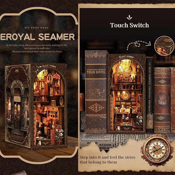 ISSEVE Book Nook Kit, DIY 3D Wooden Puzzle Dollhouse Booknook for Adults, Tiny Miniature House Kit Bookshelf Decor with LED Light and Dust Cover, Gifts for Family and Friends (Royal Seamer)