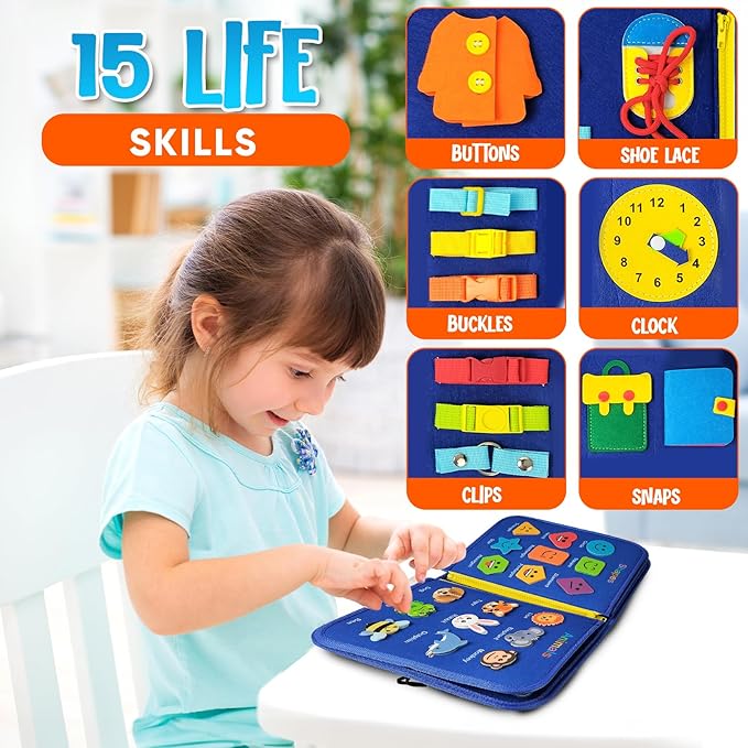 Busy Board Montessori Toy for Toddlers Ages 1-4 – Sensory Activity Board for Fine Motor Skill Development, Educational Travel Toy for Airplane & Car, Learning Toys for Boys & Girls