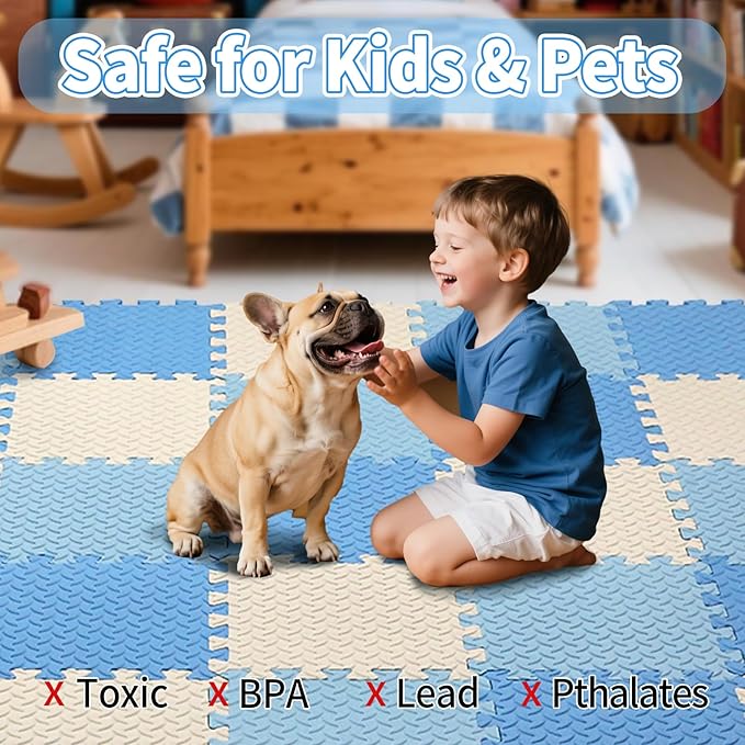 Foam Play Mat for Baby, 0.4 Inch Thick Foam Interlocking Floor Mats, Soft Non-Toxic Baby Playmat, Solid Colored Puzzle Play Mat Kids Floor Mats for Toddler, 16 Tiles(White/Light Blue/Blue)