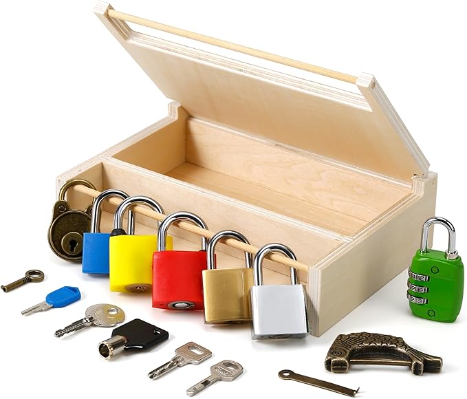 Woodtoe 8 PCS Montessori Lock and Key Toy, Montessori Toys for 3 4 5 Year Old, Kids Tool Set, Montessori Materials Preschool Learning Sensory Toy, Fine Motor Skills, STEM Toys for Toddlers Kids