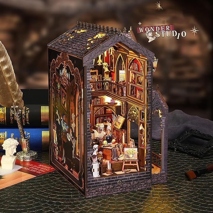 DIY Book Nook Kit - DIY Miniature Dolls House Kit with Furniture and LED Light, 3D Puzzle Wooden Art Bookends, Model Kits for Adults to Build (Wonderful Studio)