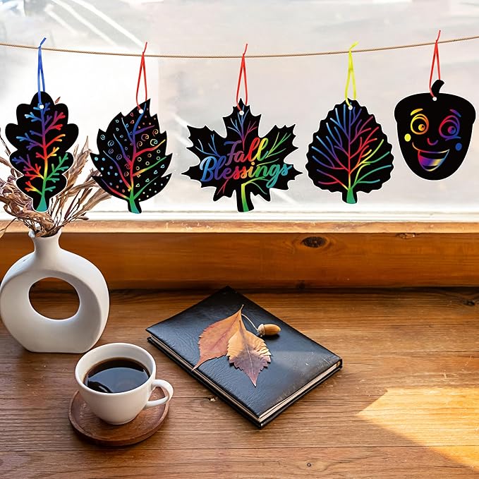 90shine 60 Sets Fall Crafts for Kids Black Scratch Autumn Leaves Magic Craft Art Kit Thanksgiving Classroom Preschool Activities Party Favors