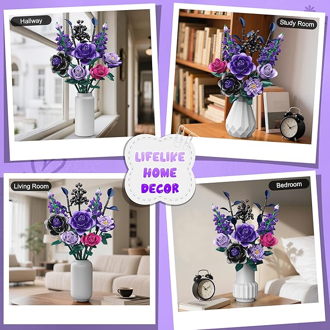 Purple Rose Building Blocks Set for Kids, 701PCS Flower Bouquet Toy, DIY Artificial Plant Gift for Girls, Women, Valentine's Day, Birthday, Mother's Day, Halloween Home Decor