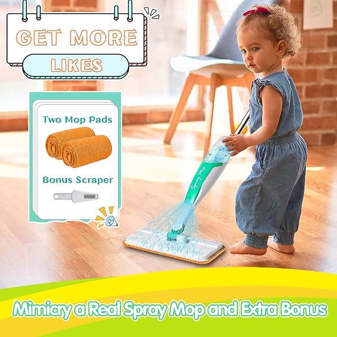 EP EXERCISE N PLAY Kids Spray Mop That Really Works - Toddler-Size Kids Cleaning Toy Set - Small Mop with Real Squeeze Water Sprayer - Mini Mops for 3 4 5 Years Old