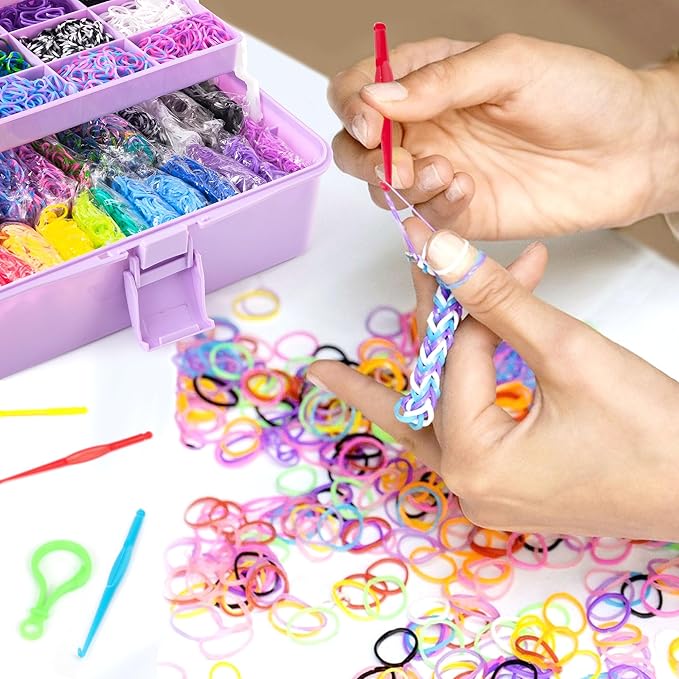 INSCRAFT 17500+ Rubber Loom Bands with 3 Layer Light Purple Container, 28 Colors, 600 S-Clips, 352 Beads, 40 Cartoon Pendant, Bracelet Making Refill Kit for Kids