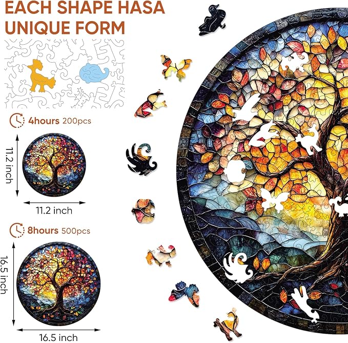 Wooden Puzzles for Adults 500 Pieces, Glass Tree Jigsaw Puzzles for Kids, 16.5x16.5in, Royal, Unique Shape Adult Puzzles, Irregular Creative for Adults Family Game
