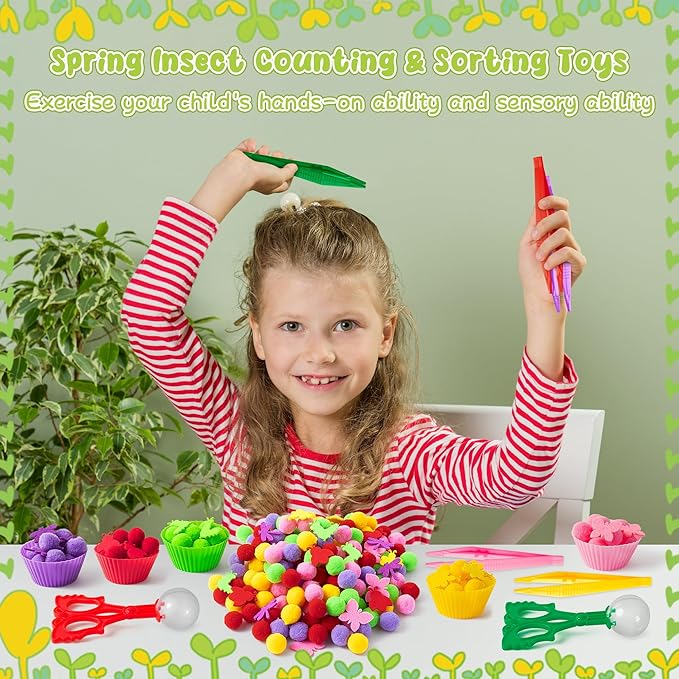 EZdhuawuse Fall Insects Sensory Bin Fillers Toys - 268 Color Counting Sorting Fine Motor Toys Set for Kids, Felt Dragonfly Butterfly Pom Poms Cups Clips for Preschool Education Birthday