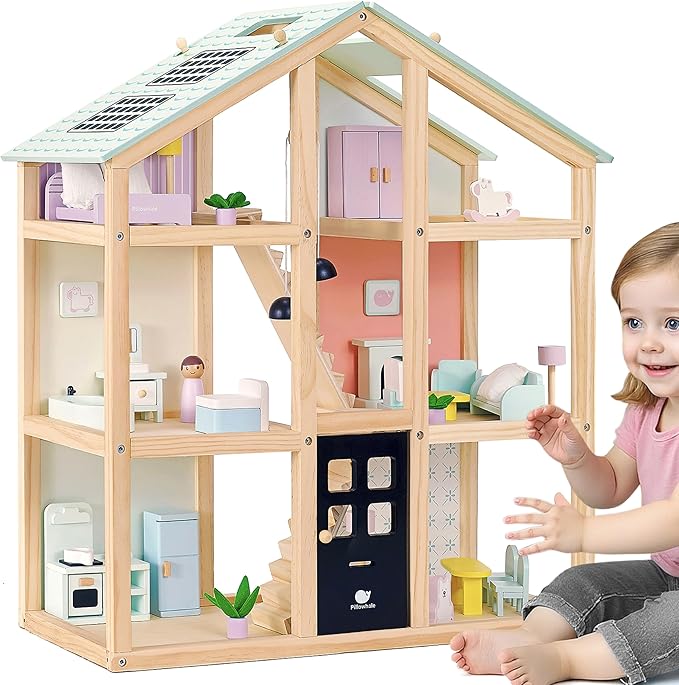 Wooden Dollhouse, 3-Story Wooden Doll House with 38-Piece Furniture, 6 Rooms Modern Family Playhouse, Movable Stairs & Adjustable Pendant Lights, Gift for Kids Ages 3+