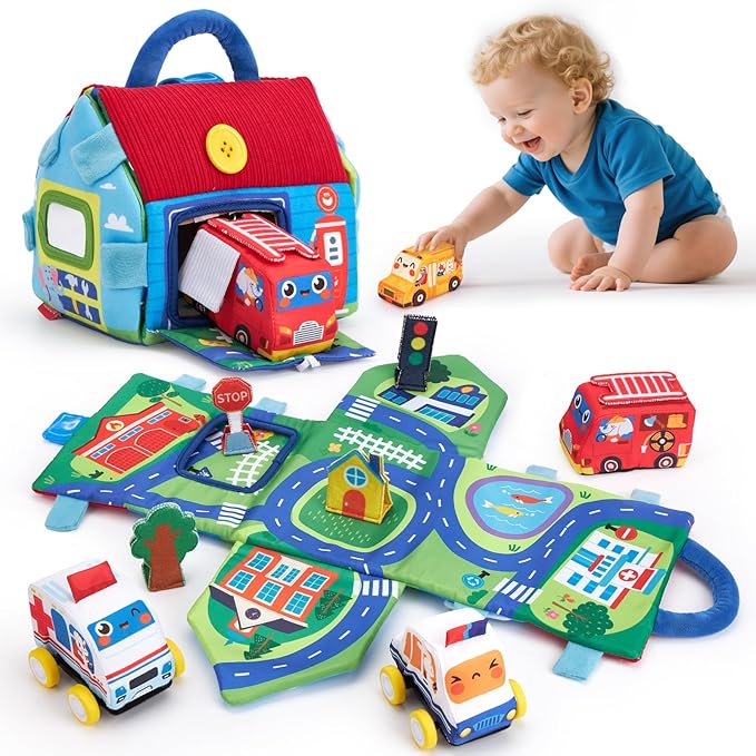 hahaland Baby Toys for 1 Year Old Boy Gifts - Soft Pull Back Cars, Sensory, Take-Along Cars Playset with Foldable Mat, 9 Month Old Baby Toys 6-12 Months Soft Toy Baby Gifts Christmas Stocking Stuffers