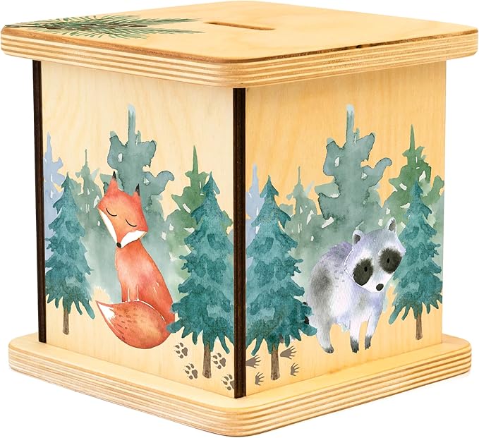 Wooden Piggy Bank for Kids and Adults, Personalized Gift Handmade in USA by BloomOwl, Custom Piggy Bank, Personalized Banks for Kids, Gifts for Baby Boys and Girls (Woodland Friends)