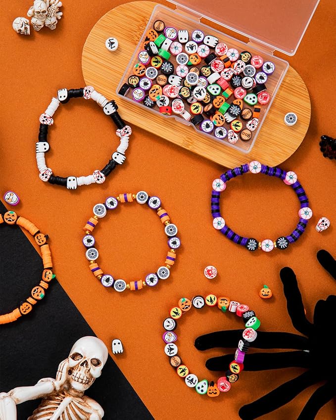 Taybonds Halloween Polymer Clay Beads 108pcs Spooky Designs Ghost Pumpkin Spider Polymer Clay Beads for Women Jewelry Making DIY Charms Bracelet Necklace