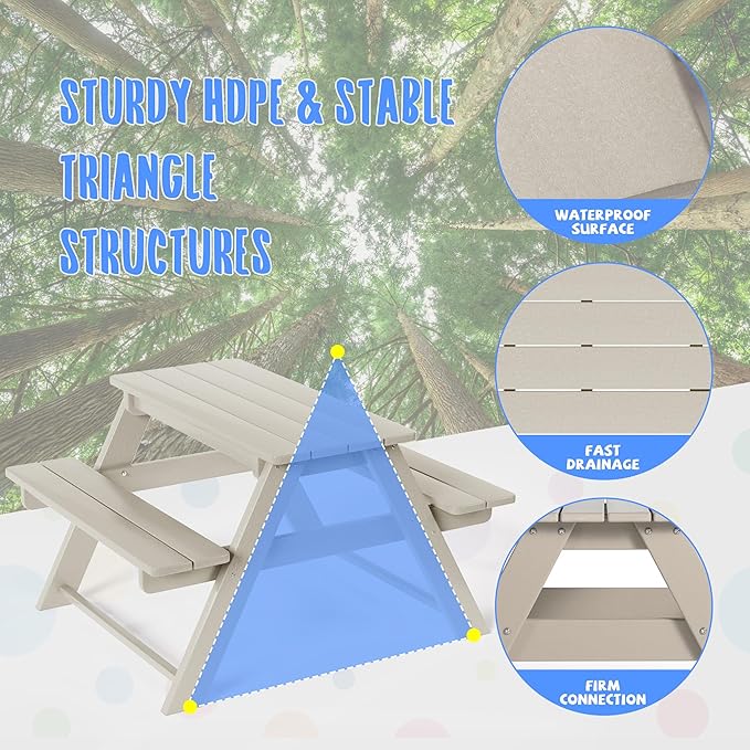 Costaelm Kids Picnic Table, HDPE All Weather Outdoor Toddler Picnic Table and Chair Set Kids Bench for Patio, Backyard, Garden, Lawn, Sand