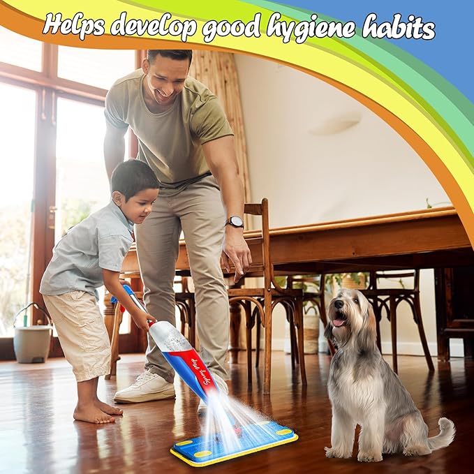 Kids Mop Cleaning Set Actually Cleans, Mini Toddler Size Kids Spray Mop Really Works, Detachable Small Mop Interactive Kid Pretend Play Toys Gift for Boys Girls