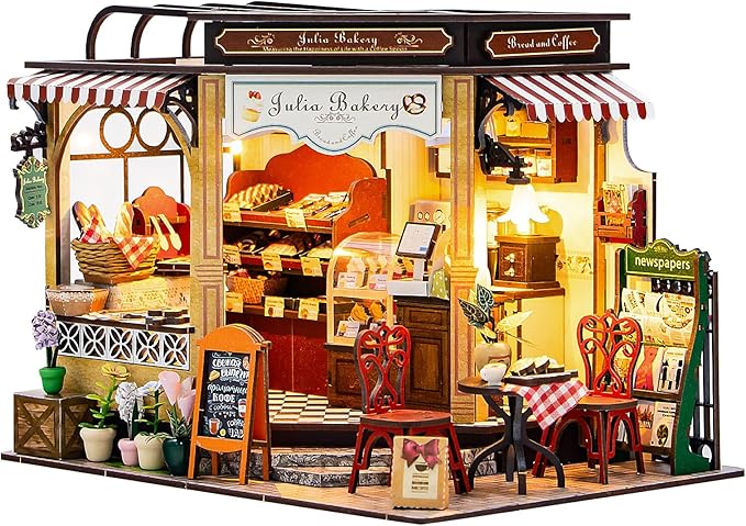 Fsolis DIY Miniature House Kit - 3D Wood Puzzles Craft Kit for Adults Tiny House Building Kit Mini Home Diorama Kit with Furniture Gifts for Women Teenagers (Julia Bakery)