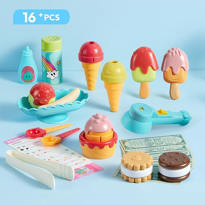 Ice Cream Play Food Pretend Toy for Role Play, Play Kitchen Accessories, Christmas Preschool Gifts for Girls Boys Kids Toddlers 3+