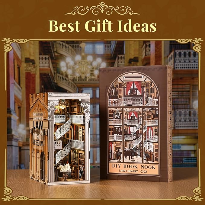 Book Nook Kit, DIY Dollhouse Booknook, Book Nook Miniature Kit for Bookshelf Insert Decor Crafts for Adults Teen Halloween, 3D Wooden Puzzle with Led Light (Law Library)