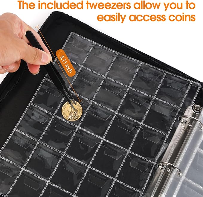 Coin Collection Book for Collector, 360 Pockets Coin holder Albums & 36 Sleeves money storage case with Aluminum Foil Lining for Coins, Currency, Bill, Quarter, Stamp, pennies