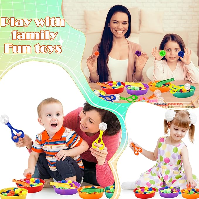 141 Pieces Fine Motor Toy Counting Sorting Sensory Bin Filler Include 6 Colorful Sorting Cup 10 Tweezers 5 Bear Ball Clip 120 Hedge Balls for Kid Early Skill Education