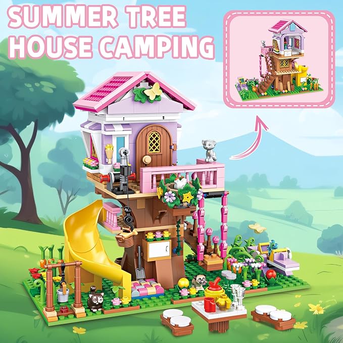 Creative Treehouse Building Blocks Toy Summer Tree House with Animals, Slide, and Picnic Table Fun Garden Playset for Girls and Boys