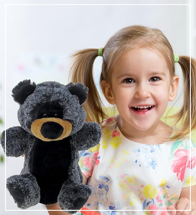 DolliBu Black Bear Stuffed Animal Hand Puppet - Super Soft Wildlife Animal Plush Toys for Kids and Adults, Cute Black Stuffed Bear Hand Toy Plush for Puppet Shows, Storytelling, or Educational Play