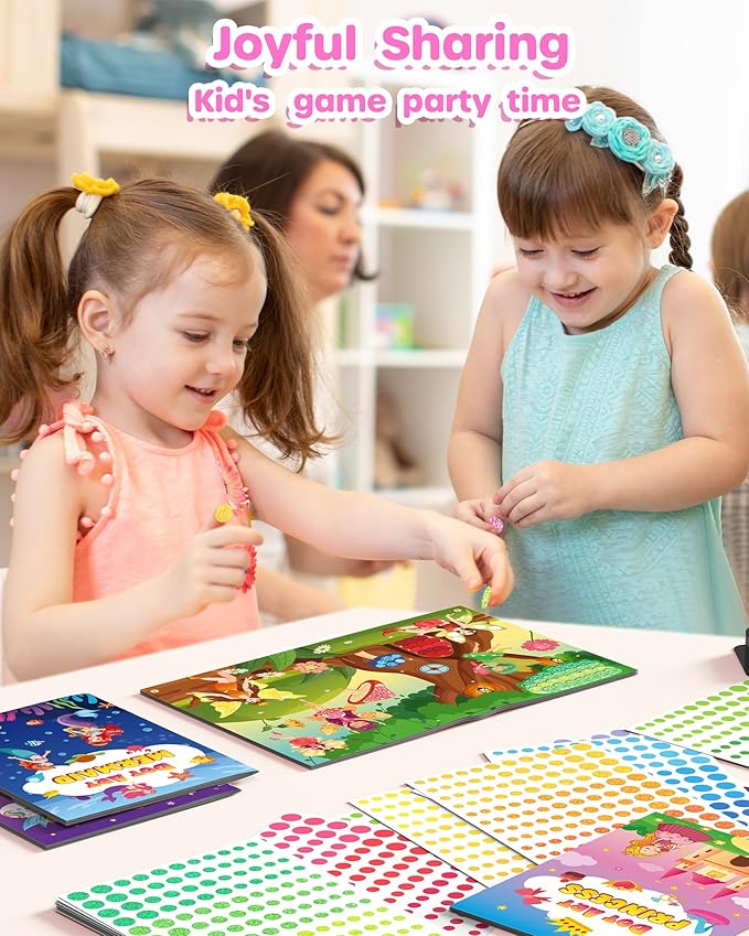 D-FantiX Dot Art Sticker Book Kits with Ink Pad, Mess-Free Finger Painting for Toddlers, Unicorn, Princess, Mermaid, Flower Fairy Arts and Crafts, Kids Travel Activities