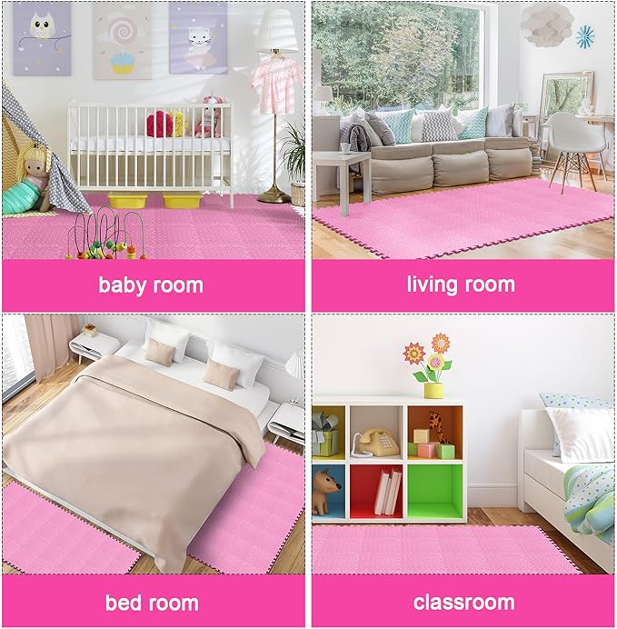 Shihanee 16 Pcs Foam Floor Baby Tiles 11.81 x 11.81 inches Foam Floor Mats Play Mats Bulk with Borders Interlocking for Kids Baby Playroom Nursery Gym（Light Pink）