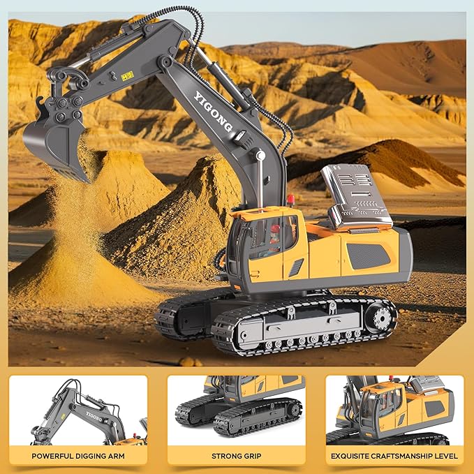 RC Excavator Toy Remote Control Excavator USB Charging, 680 ° Rotation, Featuring Flashing Lights with Engine Sound Toy for Kids Christmas Birthday Gift